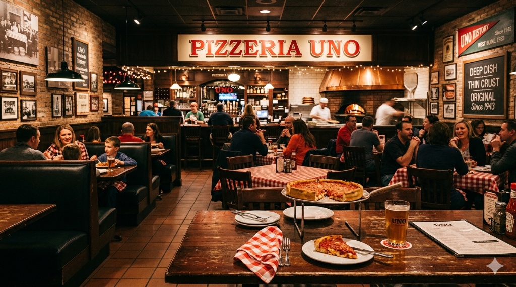 A vibrant view of the rustic Pizza Uno restaurant interior, featuring a wood-fired oven.